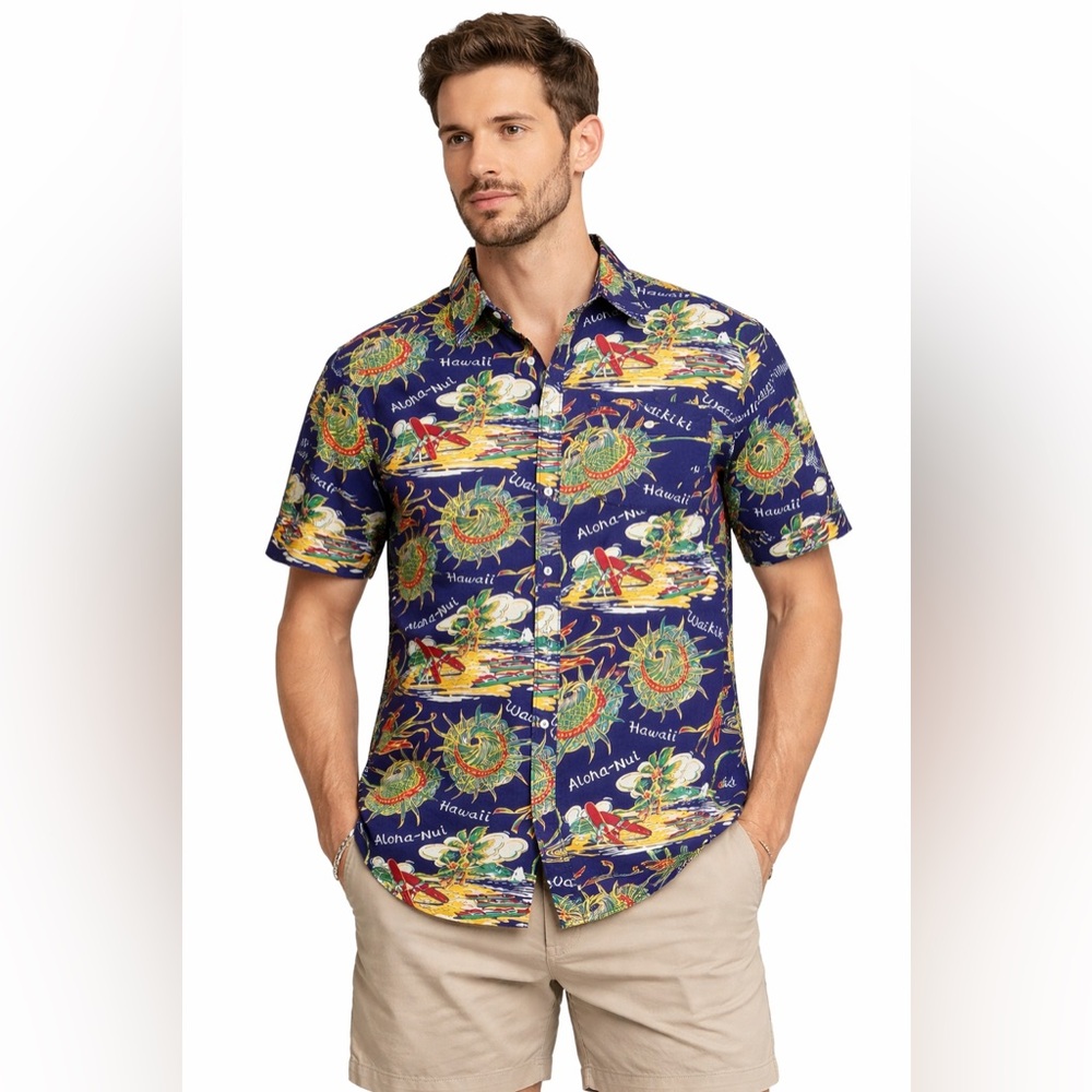 HUF Hawaiian Button Down Shirt XL 100% Cotton Tropical Aloha Print Blue Surf
